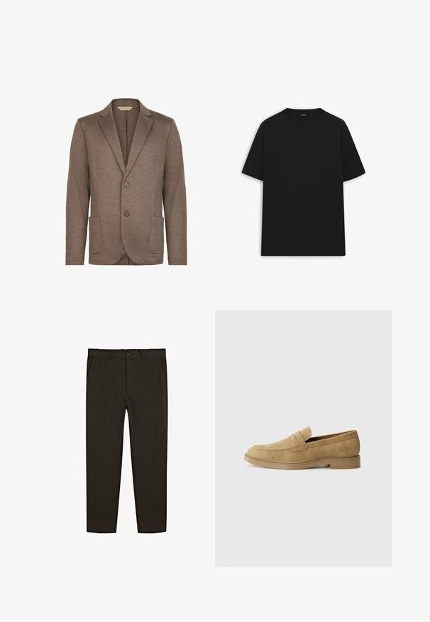 Brun stickad blazer med slät yta, skuren slagkrage, tvåknappsstängning och två framfickor. Enkel design, inga synliga mönster.; Svart bomullst-shirt med korta ärmar, rundad halsringning och en slät yta. Inga synliga mönster eller hårdvarudetaljer.; Mörkbruna, vävda byxor med rak passform, framfickor och knappstängning i midjan. Slät textur.; Tan mockasiner i mocka med rund tå, låg blockklack och sydda detaljer på ovansidan. Slät textur och minimalistisk design.