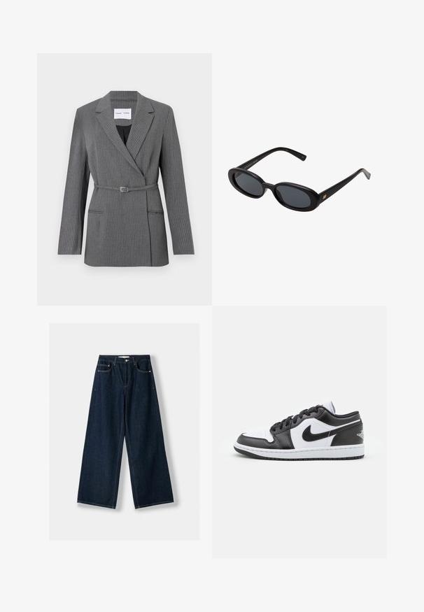 Grijs pinstriped blazer met een getailleerde pasvorm, notch revers, sluiting met één knop en een ceintuur in de taille. Voorzien van twee voorzakken.; Crème-kleurige coltrui gemaakt van zachte gebreide stof. Heeft geribbelde manchetten en onderrand, met een ontspannen pasvorm en verlaagde schouders.; Donkerblauwe, wijde spijkerbroek van denim. Beschikt over vijf zakken, een knoop- en ritssluiting, en contrasterende stiksels.; Zwart-witte Nike lage sneakers hebben een glad leren bovenwerk, een ronde neus, vetersluiting en een gestippelde rubberen zool.; Zwarte oversized zonnebril met ovale lenzen, een glad plastic montuur en gouden accenten op de pootjes. Donkere lenzen bieden bescherming tegen de zon.; Donkerbruine suède schoudertas met verstelbare riem, hardware in goudkleur en een groot voorflapsluiting.