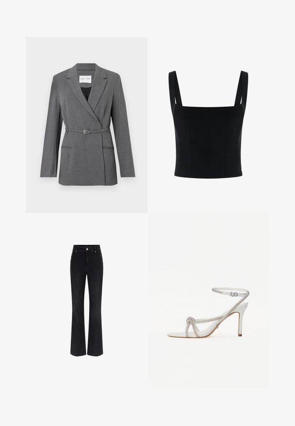 Szary blezer w prążki o dopasowanym kroju, z klapkami, z jednolitym zapięciem na guzik oraz paskiem w talii. Posiada dwie przednie kieszenie.; Czarny krótki top z szerokimi ramiączkami, charakteryzujący się strukturalnym designem oraz pionowymi szwami, które dodają kształtu i detali. Gładka tekstura.; Czarne dżinsy dzwonowe z wysokim stanem, pięcioma kieszeniami i metalowymi guzikami po bokach. Gładka tekstura i klasyczny krój.; Białe sandały na wysokim obcasie z teksturowanym paskiem ozdobionym kryształkami, otwartym noskiem oraz paskiem na kostkę z regulowanym zapięciem.