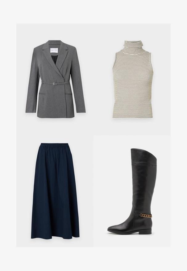 Szürke csíkozott blézer, testreszabott szabású, hajtott reverekkel, egygombos záródással és derékpánttal. Két elülső zsebet tartalmaz.; Ujjatlan garbó felső, függőleges fekete és fehér csíkokkal, texturált kötött anyagból készült, magas, szoros gallérral.; Tengerészkék, teljes hosszúságú szoknya texturált anyagból, rugalmas derékrésszel és finom függőleges csíkozással.; Magas fekete bőrcsizma áramvonalas dizájnnal, hegyes orral és arany lánc díszítéssel a bokán. Alacsony, tömbsarkú. Sima felület.