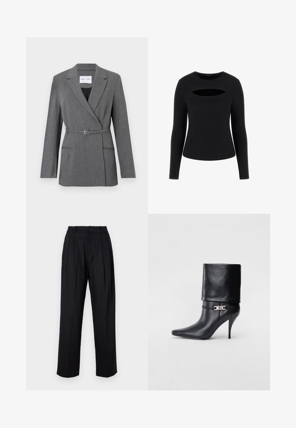 Sivinska blazer s pravokotnim črtanjem, prilegajočega kroja, zareznimi reverji, z enojnim gumbom in pasom. Ima dva sprednja žepa.; Črn dolg rokav vrh s rebrasto teksturo in edinstvenim izrezom na prsih, okroglo ovratnik in prilegajoč silhuet.; Črne hlače z krojem po meri, ki se ponašajo z visokim pasom, plitvimi gubami in ravnim krojem. Narejene so iz gladkega blaga z enotno barvo.; Črne usnjene gležnjarje z ostrim nosom, visokim stiletto peto, zavihanim robom in zlatim okrasnim zaponko na gležnju.