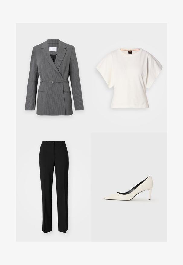 Sivý pásikovaný blazer s prispôsobeným strihom, klopovými límcami, jednoposuvným zapínaním a opaskom v páse. Obsahuje dve predné vrecká.; Biely skrátený tričko, krátke široké rukávy, mäkký bavlnený materiál, okrúhly výstrih s jemným oranžovým lemovaním, minimalistický dizajn, bez vzorov alebo grafiky.; Čierne krajčírské nohavice so strihom rovného nohu, s hladkou textúrou a ostrými skladmi pozdĺž prednej časti. Žiadne viditeľné hardvér.; Biele lakkované vysoké podpätky s ostrou špičkou, úzkym podpätkom a čiernym interiérovým detajlom. Hladká textúra a elegantný dizajn.