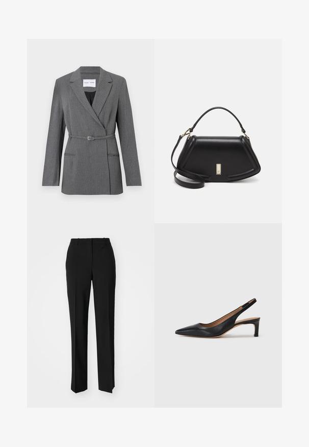 Grijs pinstriped blazer met een getailleerde pasvorm, notch revers, sluiting met één knop en een ceintuur in de taille. Voorzien van twee voorzakken.; Witte gecropte T-shirt, korte brede mouwen, zachte katoenmaterialen, ronde halslijn met subtiele oranje rand, minimalistisch ontwerp, geen patronen of graphics.; Zwarte op maat gemaakte broek met een recht model, voorzien van een soepele textuur en scherpe plooien aan de voorkant. Geen zichtbare hardware.; Zwarte leren slingback pump met een puntige neus, lage hak en een gladde textuur. Beschikt over een dunne verstelbare band voor een veilige pasvorm.; Zwarte leren handtas met een gestructureerd ontwerp, featuring een verkorte vorm, bovenhandvat en gouden hardwareaccent. Inclusief verstelbare schouderband.