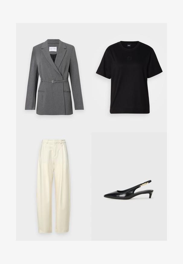 Blazer gris a rayas con un corte entallado, solapas con muesca, cierre de un botón y cintura con cinturón. Cuenta con dos bolsillos frontales.; Camiseta de algodón negra con cuello redondo, mangas cortas y un logo bordado en el pecho. Ajuste simple y relajado sin patrones.; Pantalones pliegues de talle alto en un tejido crema claro. Presentan un corte recto y una textura suave. Sin bolsillos ni herrajes visibles.; Tacones negros de piel sintética tipo slingback con punta afilada, que cuentan con un tacón delgado y un detalle en tono dorado en la correa ajustable. Textura suave.