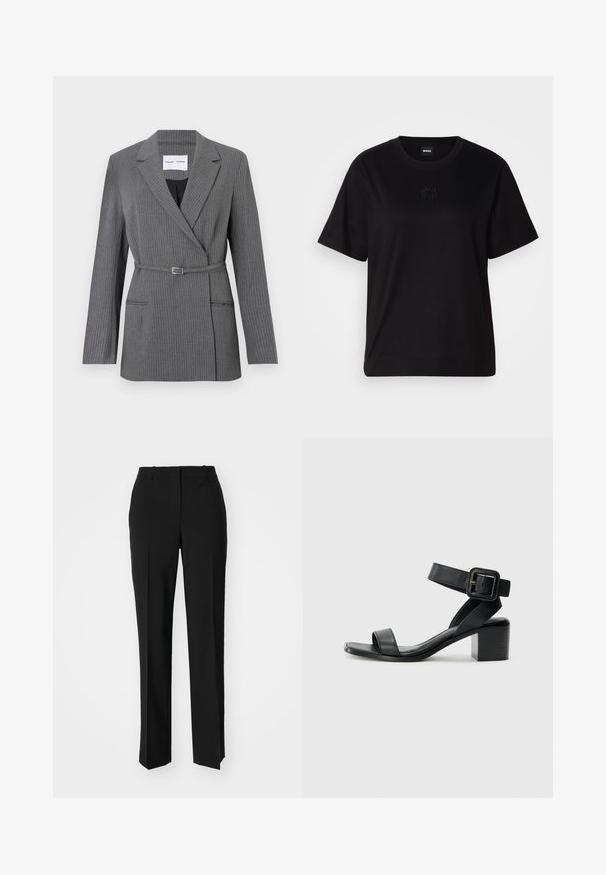 Pelēka svītrainā žakete ar pielāgotu piegriezumu, ar izgrieztiem atlokiem, vienas pogas aizdari un jostu jostasvietā. Iekļauj divas priekšējās kabatas.; Melna kokvilnas T-krekls ar apaļu izgriezumu, īsām piedurknēm un izšūtu logotipu uz krūtīm. Vienkāršs, brīvs piegriezums bez rakstiem.; Melnas pielāgotas bikses ar taisnu kāju dizainu, kas raksturojas ar gludu faktūru un asiem krokām pa priekšu. Nav redzamu metāla detaļu.; Melnas ādas papēža sandales ar regulējamu potītes siksniņu, atvērtu purngalu un kvadrātveida bloku papēdi. Gluda tekstūra, minimālistisks stils.