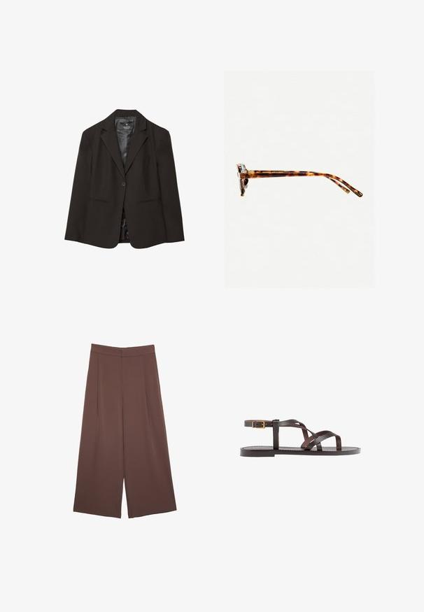 Črn blazer z enim gumbom, z izrezanimi reverji, dvema sprednjima žepoma in gladko notranjo oblogom. Tkanina se zdi trdna in profesionalna.; Rjava kratka majica s kratkimi rokavi iz mehkega materiala, s krožnim izrezom in ohlapnim krojem. Brez vidnih vzorcev ali dodatkov.; Rjave široke hlače z gladko teksturo, ki imajo visok pas in sprednje naborke. Tkanina je lahka in prosto pada.; Rjav usnjen sandal z načinom prečnega črta, zaklepom okoli gležnja in ravnim podplatom z minimalnimi šivi.; Sončna očala iz želvosliva z debelimi okvirji, rahlo ukrivljenimi nogicami in gladko teksturo. Imajo klasičen dizajn z sijočim finišom.