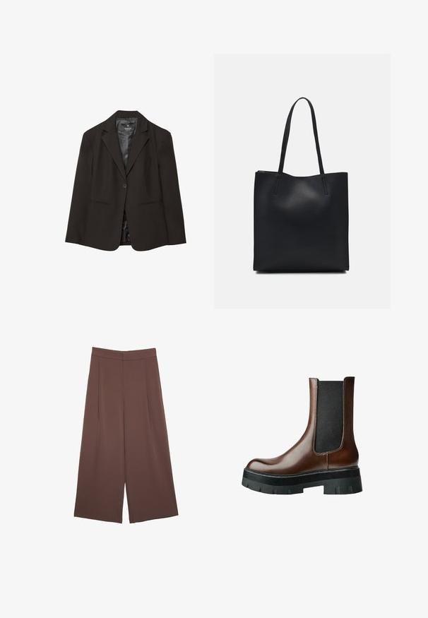 Blazer nero con chiusura a un bottone, rever a lancia, due tasche frontali e una fodera interna liscia. Il tessuto appare strutturato e professionale.; T-shirt in cotone marrone con maniche corte e scollo a V profondo. Design semplice, texture morbida e orlo dritto. Senza fantasie o dettagli.; Pantaloni ampi marroni con una texture liscia, caratterizzati da una vita alta e pieghe frontali. Il tessuto è leggero e scorre liberamente.; Stivaletto alla caviglia in pelle marrone con pannello laterale elastico nero e suola spessa in gomma nera. Texture liscia con dettagli di cuciture minime.; Borsa tote in pelle nera con texture liscia, forma rettangolare e due manici lunghi. Nessun hardware o decorazione visibile.