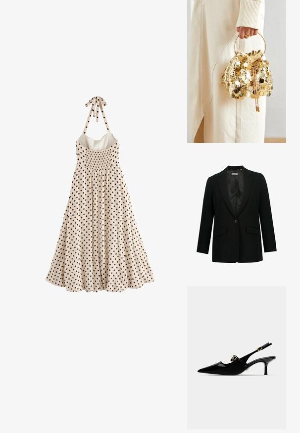 Zwarte blazer met een geknipt rever, sluiting met één knoop en twee voorzakken. Binnenvoering van gladde stof, slim fit.; Een mouwloze, crèmekleurige jurk met zwarte stippen, een geraffineerde borst, en een strik bij de hals, die uitloopt in een uitlopende zoom.; Zwarte lakleren slingback hakken met een spitse neus, voorzien van dubbele gouden gespsluitingen en een slanke stilettoklomp.; Gouden pailletten trekkoord handtas met een ronde handgreep, versierd met glanzende ronde pailletten en een gemêleerde stof. Afmetingen zijn niet opgegeven.