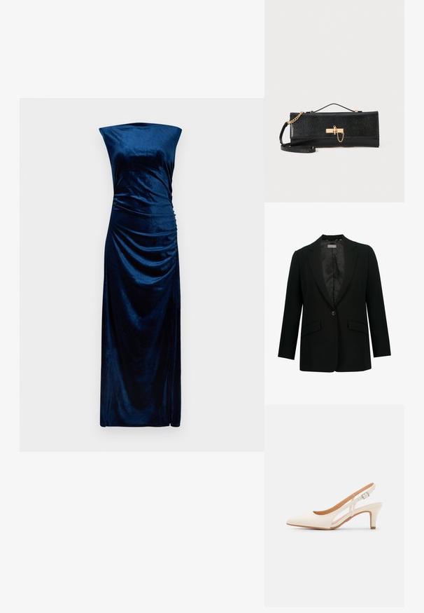 Blazer nero con rever a punta, chiusura con un solo bottone e due tasche frontali. Interno foderato in tessuto liscio, vestibilità su misura.; Abito senza maniche in velluto blu navy, lungo fino al pavimento, con scollatura dritta e dettaglio arricciato sul lato destro.; Slingback bianco con punta affusolata, materiale superiore liscio, tacco basso a blocco e design con ritagli laterali, dotato di cinturino regolabile con fibbia.; Borsa a pochette nera con finitura testurizzata, tracolla in catena dorata e chiusura a fermaglio. Forma rettangolare con un design elegante e minimalista.
