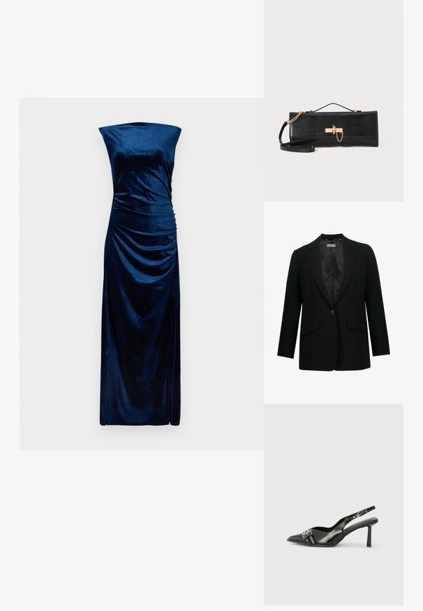 Blazer nero con rever a punta, chiusura con un solo bottone e due tasche frontali. Interno foderato in tessuto liscio, vestibilità su misura.; Abito senza maniche in velluto blu navy, lungo fino al pavimento, con scollatura dritta e dettaglio arricciato sul lato destro.; Scarpa slingback in vernice nera con punta affusolata, cinturini alla caviglia con fibbie in argento e accessori, e tacco sottile.; Borsa a pochette nera con finitura testurizzata, tracolla in catena dorata e chiusura a fermaglio. Forma rettangolare con un design elegante e minimalista.
