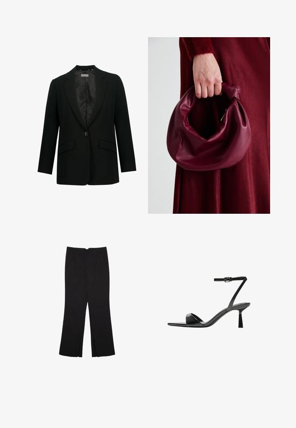 Sort blazer med et klippet revers, enkelt knaplukning og to frontlommer. Indvendigt foret med glat stof, skræddersyet pasform.; Brun højhalset heldragt badedragt med tynde, justerbare stropper; har højt skåret ben og glat tekstur. Ingen mønstre eller udsmykninger.; Sorte bukser med lige pasform, der har frontlommer og slidser i kanten. Lavet af blødt, glat stof. Velegnet til forskellige anledninger.; Bershka Højhælede sandaletter / Højhælede sandaler - black; Bordeaux læderhåndtaske med et blødt, samlet design og en rund form. Håndtaget er sikret og viser en glat tekstur.