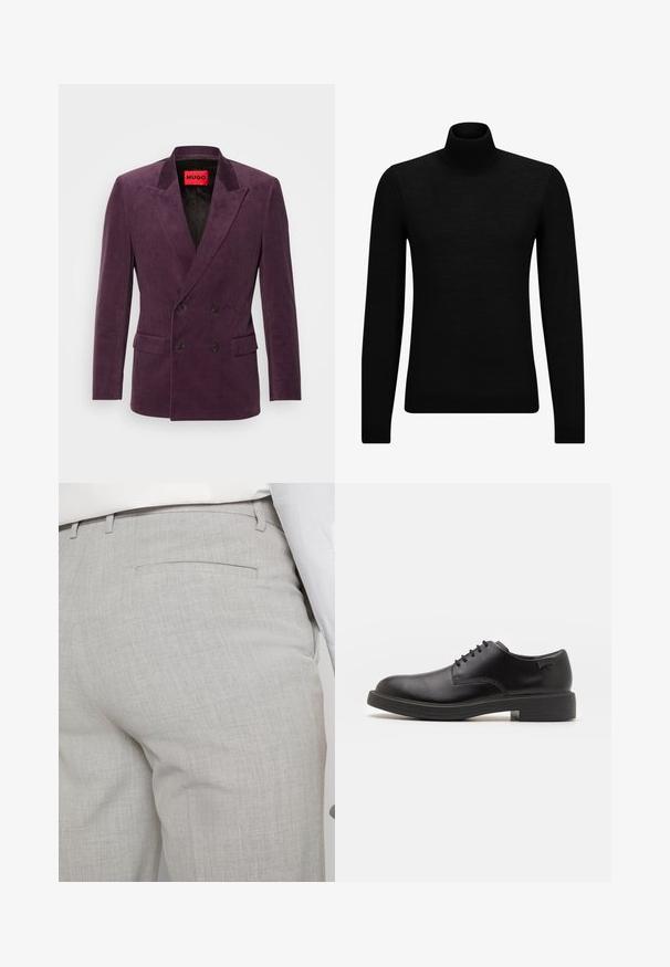 HUGO HENRY - Blazer - open purple; Zwarte coltrui van zacht materiaal, met lange mouwen en een snug fit. Geribbelde afwerking aan de onderkant en mouwen. Eenvoudig ontwerp.; Lichtgrijze, op maat gemaakte broek van gestructureerde stof, met een enkele achterzak en nette stiksels.; Zwarte leren veterschoen met een ronde neus, een gladde textuur, minimale stiksels en een lage rubberen hak. Logo op de hak.