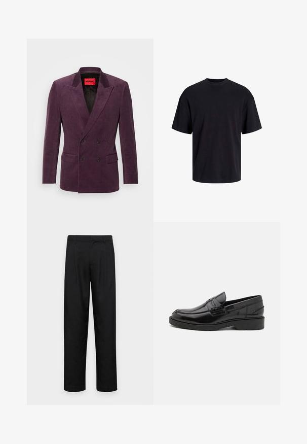 HUGO HENRY - Bleizers - open purple; Melns kokvilnas T-krekls ar apaļu kakla izgriezumu, īsām piedurknēm un brīvu piegriezumu. Gluda tekstūra un nav redzamu rakstu vai akcentu.; Melnas bikses, izgatavotas no gludas auduma, ar taisnu kāju dizainu, divām priekšējām krokām un standarta jostu, kurai ir āķi.; Melnas ādas loafers ar gludu apdari, noapaļotu purngalu, zemu papēdi un dekoratīvo izšuvumu gar priekšējo daļu. Gumijas outsole labai saķerei.