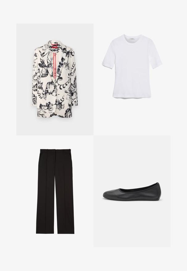 Kreemivärvi lillemustriga bleiser mustade graafiliste kujunditega. Omab nurksuud, ühte nuppu sulgemiseks ja taskut. Tekstureeritud kangas.; Valge lühikeste varrukatega T-särk ribatud kangast. Ümara kaelusega, tavalisest sobivusest ja peente õmbluse detailidega. Ilma mustrite või graafikateta.; Mustad kohandatud püksid sujuvast kangast, sirge jala disainiga ja kahe küljetaskuga. Elegantne ja minimalistik ehitus.; Musthave mustika tantsutossud mustast nahast, ümmarguse varbaga, siledast tekstuurist, minimaalse õmblusdetailiga ja paindliku tallakujundusega.