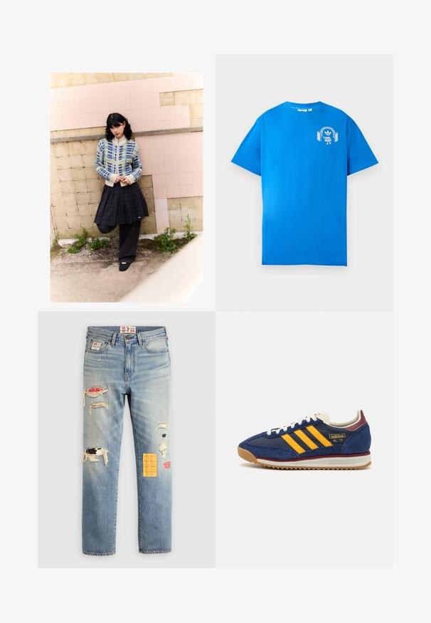 Strickjacke mit blauen und grünen geometrischen Mustern, cremefarbenem Kragen; schwarz karierter Rock; einfarbige schwarze Schuhe; minimalistisches Design.; Blaues Baumwoll-T-Shirt mit kurzen Ärmeln. Mit einem weißen Grafikdesign auf der Vorderseite, das eine Figur mit Kopfhörern und einem Bogen zeigt.; Hellblaue Jeans aus Denim mit lockerer Passform, die ausgefranste Patches in verschiedenen Farben und Mustern aufweisen, darunter orange und rote Akzente.; Marineblaues Wildleder-Sneaker mit gelben Streifen, weißen Schnürsenkeln und burgunderfarbenen Akzenten. Texturierte Sohle mit Rillen für besseren Grip. Markenlogo an der Seite.