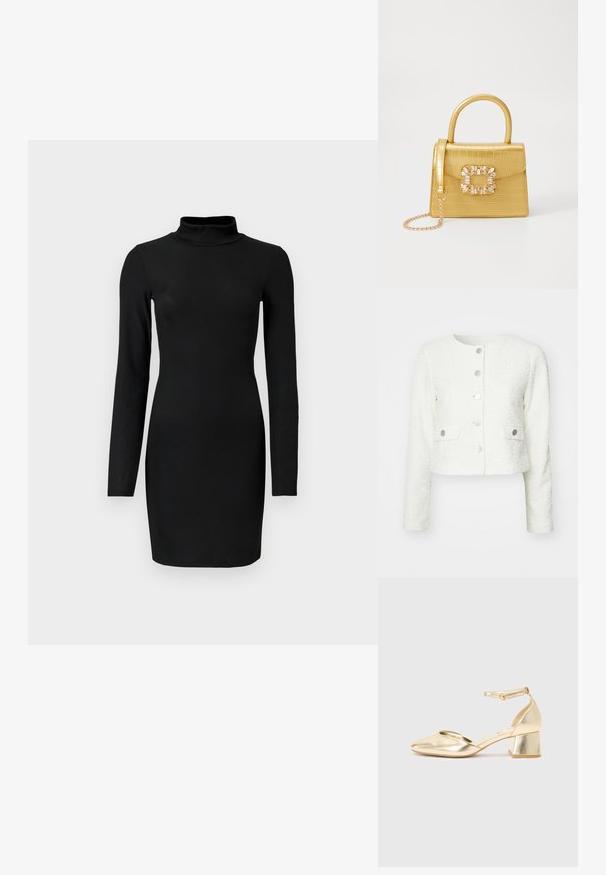 Balta tekstūruota švarkas su apvaliu kaklu, ilgomis rankovėmis, priekiniais sagomis ir dviem šoninėmis kišenėmis su sidabro spalvos aksesuarais. Tekstūruotas paviršius.; Juoda raukinėta ilgomis rankovėmis su apykakle, prigludusi siluetas ir lygus paviršius. Iki vidurio šlaunų ilgio, be matomų raštų ar akcentų.; Auksinės metalinės aukštakulniai bateliai su apvaliu pirštu, kulkšnies dirželiu ir žemu bloku kulnu. Lygus paviršius su blizgiu apdaila.; Geltonas dirbtinės krokodilo odos rankinukas su standžiu dizainu, viršutine rankena, nuimamu grandininiu dirželiu ir dekoratyviniu krištolo papuošimu ant užsegimo.