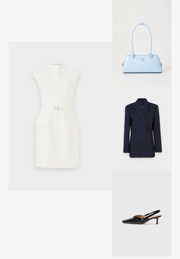 Blazer azul-marinho de dupla abotoadura, corte ajustado, lapelas com corte em bico, dois bolsos frontais, detalhe de um único botão, textura de tecido suave.; Vestido branco sem mangas com um decote alto, cinto frontal, dois bolsos frontais e uma silhueta ajustada. Fabricado em tecido liso e estruturado.; Sandal de salto slingback em pele patente preta, com bico pontiagudo, salto baixo e um design recortado no peito do pé. Acessório em tom dourado de destaque na lateral.; Bolsa de mão azul claro com uma forma estruturada, material de couro suave, duas alças e um logótipos triangular na parte da frente. Fecho com zíper.