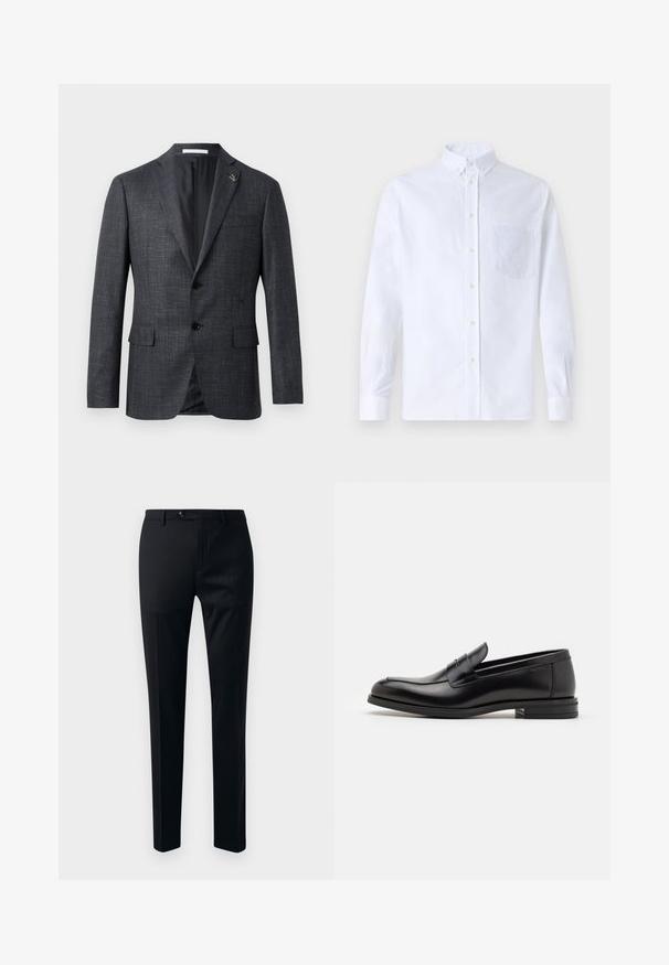 Σκούρο γκρι, υφασμάτινο σακάκι με κατακόρυφες μύτες, δύο μπροστινές τσέπες, κλείσιμο με κουμπί και μικρή λεπτομέρεια καρφίτσας στις μύτες. Λείο εσωτερικό φόδρας.; Λευκό πουκάμισο με μακρύ μανίκι, φτιαγμένο από βαμβάκι, με τσέπη στο στήθος με τονικό κέντημα, γιακά και κουμπιά στους μανικέτες.; Μαύρο παντελόνι φόρμας με λείο ύφασμα, σχέδιο tapered leg, κλείσιμο με ένα κουμπί και πλευρικές τσέπες για χρηστικότητα.; Μαύρες δερμάτινες μπαλαρίνες με λεία υφή, στρογγυλή μύτη και διακοσμητική ταινία πάνω από το επάνω μέρος. Χαμηλός καπιτώνας, μινιμαλιστικός σχεδιασμός.