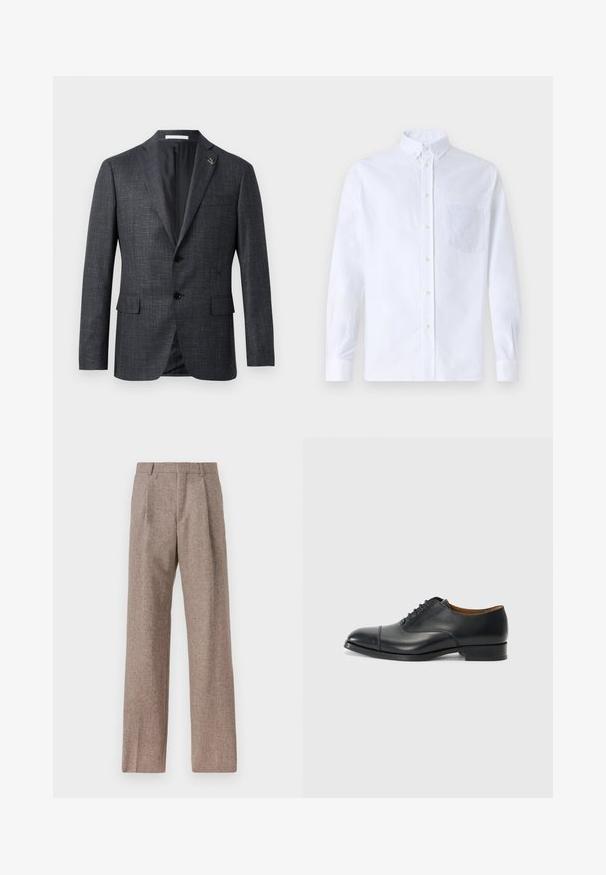 Dunkelgrauer, strukturierten Blazer mit Reverskragen, zwei Fronttaschen, Knopfschluss und kleinem Nadel-Detail am Revers. Glattes Innenfutter.; Weißes Langarm-Hemd mit Knöpfen aus Baumwolle, ausgestattet mit einer Brusttasche mit tonalem Stickerei, einem Kragen und Knopfmanschetten.; Braune, hochtaillierte Hose aus strukturiertem Stoff. Mit weitem Bein und zwei vorderen Bügelfalten für zusätzliche Form. Saubere Verarbeitung ohne sichtbare Hardware.; Schwarze Lederoberlederschuhe mit glatter Oberfläche, abgerundetem Zeh, fünf Ösen für die Schnürsenkel und niedrigem Blockabsatz. Minimalistisches Design mit feinen Nähten.