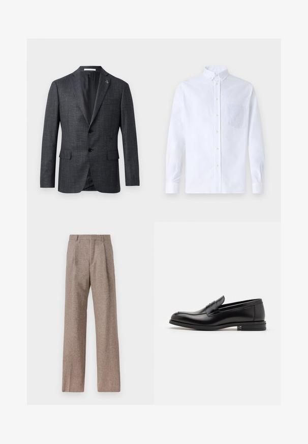 Tumši pelēkā krāsā struktūru izceļošs žakets ar atzīmi pie apakšmalām, divām priekšējām kabatām, pogu aizdari un nelielu piespraudes detalizāciju pie apakšmalām. Gluda iekšējā oderes apdare.; Balts garo piedurknēm krekliņš ar pogām, izgatavots no kokvilnas, ar krūšu kabatu ar tonālu izšuvumu, apkakli un pogām pie piedurknēm.; Brūni, augstos šortos izgatavoti no teksturēta auduma. Iezīmē plašas kājas un divas priekšējās krokas, kas nodrošina struktūru. Kārtīga apdare bez redzamām detaļām.; Melnas ādas kurpes ar gludu tekstūru, noapaļu purngalu un dekoratīvu siksniņu pāri priekšpusei. Zems sakrauts papēdis, minimālisma dizains.