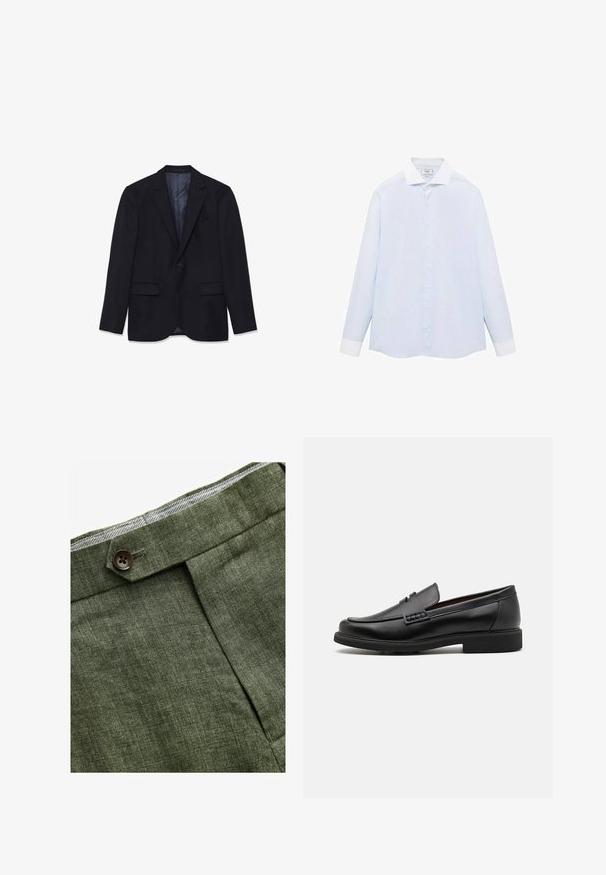 Námořnický blejzr z texturované látky s kapsami na přední straně, klopovým límcem, jedním knoflíkem a hladkou podšívkou.; Svetle modrá pruhovaná košile s dlouhým rukávem, bílým límečkem a manžetami, s předním zapínáním na knoflíky a zakřiveným lemem. Hladká textura látky.; Olivově zelené lněné kalhoty s předním záhybem, vybavené zapínáním na knoflík a kontrastní kostkovanou podšívkou v pase.; Černé syntetické mokasíny s výrazně prošívanou špicí, měkkou stélkou a plochou gumovou podrážkou; elegantní design s minimálním zdobením.