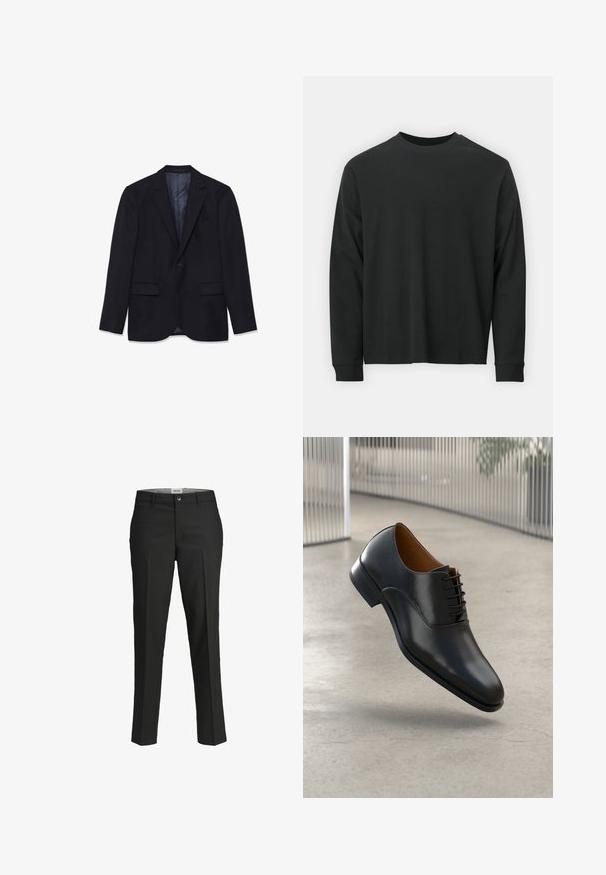 Granatowa marynarka z teksturowanej tkaniny, z klasycznym kołnierzem, dwiema przednimi kieszeniami, zapięciem na jeden guzik oraz gładką podszewką.; Czarna koszulka z długim rękawem, wykonana z bawełny, z okrągłym dekoltem, luźnym krojem i ściągaczami na rękawach. Gładka tekstura bez widocznych wzorów.; Czarne spodnie, dopasowany krój, gładki materiał, średni stan, zapięcie na guzik z przodu, ukośne kieszenie oraz detalowanie wzdłuż nogawki.; Czarne skórzane buty formalne z gładkim wykończeniem, spiczastym noskiem i sznurowanym zapięciem. Posiadają delikatny szew wzdłuż podeszwy.