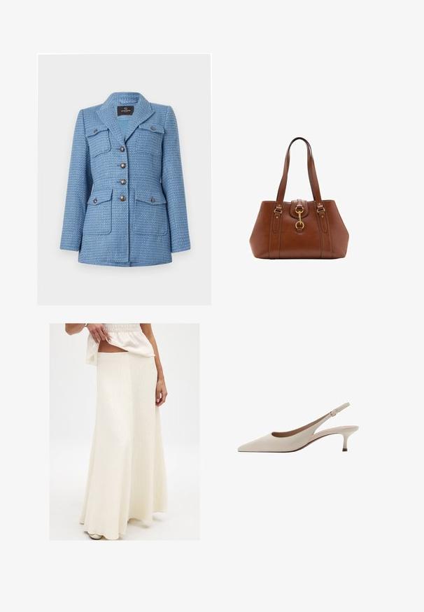 Niebieska marynarka z tkaniny tweedowej o strukturalnym wykończeniu, zapinana na podwójne guziki, z dwoma kieszeniami na piersiach i kołnierzem z klapami.; Sweter w kolorze musztardowym, wykonany z miękkiego materiału. Posiada żebrowany okrągły dekolt oraz długie rękawy w regularnym kroju i prostym wykończeniu.; Kremowa, długa spódnica maxi o teksturowanym wykończeniu. Posiada dopasowany pas i płynącą sylwetkę, zestawiona z luźną, żywą bluzką.; Beżowe szpilki slingback z zakończeniem w szpic i niskim, rozkloszowanym obcasem. Wykonane z gładkiej skóry, o minimalistycznym wzornictwie i regulowanym pasku.; Brązowa skórzana torebka z podwójnymi uchwytami, okrągłym kształtem, złotymi okuciem i centralnym detalem z klamrą. Gładka tekstura z haftowanymi akcentami.
