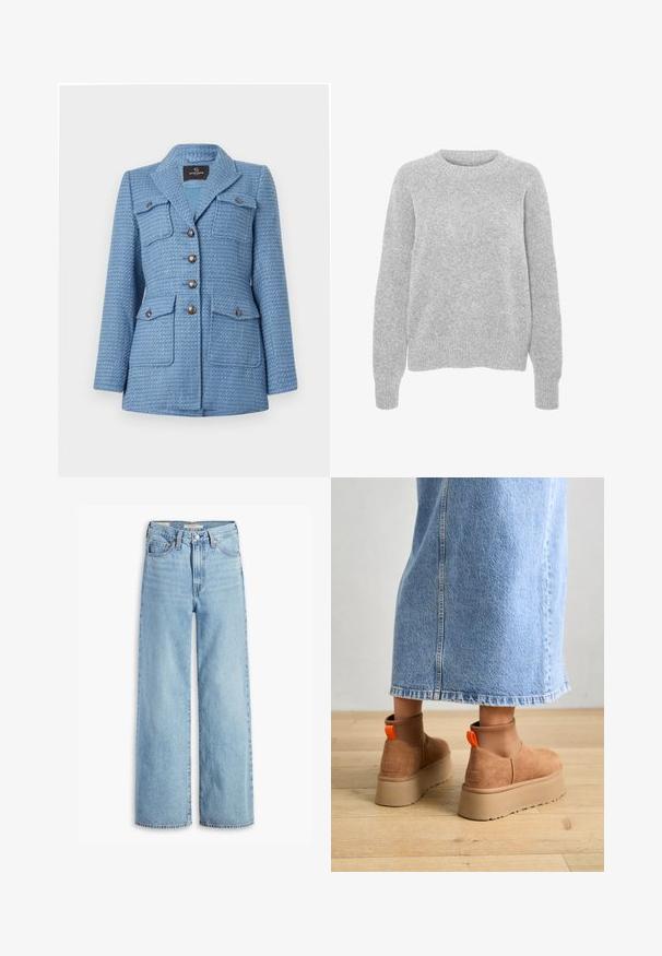 Blå tweedjakke med en teksturert overflate, dobbelknepps lukking, to brystlommer og med reverskrage.; Grå strikket genser med lange ermer, rund hals, ribbede mansjetter og kant, med en myk tekstur og avslappet passform.; Høyt liv, lyseblå vide jeans med frontknapp og glidelås, beltehemper og fem lommer.; Brune semska plattformstøvler med elastiske sidepaneler og orange rekkehalser, parret med en knelange lys denimskjørt på et tregulv.