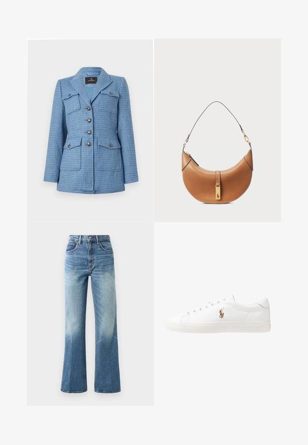 Blue tweed jacket with a textured finish, double-breasted button closure, two chest pockets, and a notched collar.; White long-sleeve button-up shirt with a pointed collar, made of cotton. Features a small embroidered logo on the left chest.; Light blue high-waisted jeans, featuring a wide-leg cut, faded texture, five pockets, and metal button closure.; White leather sneakers, low-top design, featuring a smooth texture, round toe, laced front, and a small embroidered logo on the side.; Tan leather handbag with a curved shape, gold hardware, and a thin shoulder strap. Features a zipper closure and logo detail on the front.