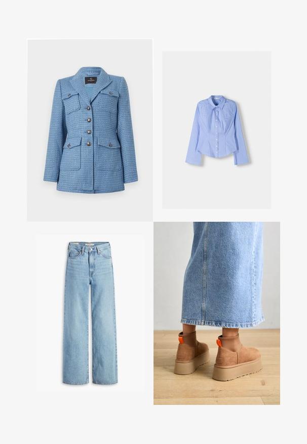 Kék tweed zakó texturált felülettel, dupla gombos záródással, két mellzsebbel és csúcsos gallérral.; Kék és fehér csíkos, hosszú ujjú, gombos ing, széles gallérral, testre szabott szabású, ívelt szegéllyel. Textúrált pamutanyag.; Magas derekú, világoskék, bőszárú farmernadrág, elöl gombbal és cipzárral, övhurkokkal és öt zsebes stílussal.; Barna velúr platform csizmák elasztikus oldalsó panelekkel és narancssárga húzófülekkel, amelyek egy térdközépig érő világoskék farmer szoknyával vannak párosítva egy fás padlón.