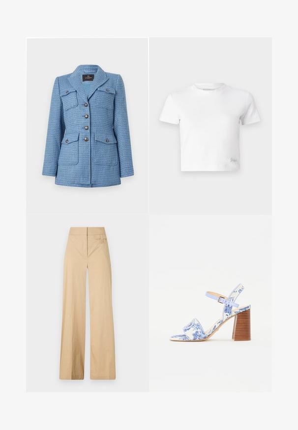 Giacca di tweed blu con finitura testurizzata, chiusura a doppio petto con bottoni, due tasche sul petto e collo a punte.; T-shirt cropped bianco realizzato in cotone liscio, con un collo alto e maniche corte. Piccolo logo ricamato nell'angolo inferiore.; Pantaloni beige a gamba larga realizzati in tessuto misto cotone. Caratterizzati da una texture liscia, una vita elastica e un dettaglio con bottone laterale.; Sandal con stampa floreale blu, con punta quadrata, una larga fascia e una cinghia alla caviglia regolabile, dotata di un tacco a blocco in legno texturizzato.