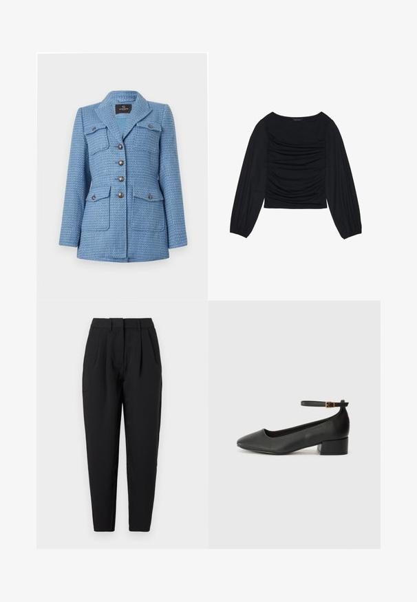 Sinine tweed jakk tekstureeritud pinna, kahekordse nööbistusega, kahe rinnatasku ja lõigatud kraega.; Must mustaga, millel on ees ja randmetel kokku tõmmatud kangadetailid, valmistatud pehmest ja venivast materjalist ning paadi kaelusega.; Mustad püksid sirge lõikega, millel on voldid ees, sile tekstuur ja küljehoiukotid. Vöökoht on standardkõrgus.; Must mustaapp, millel on terav nina ja madal blokk-kand. Omab pahkluu rihma koos kuldse tooni pandlaga. Sile tekstuur.