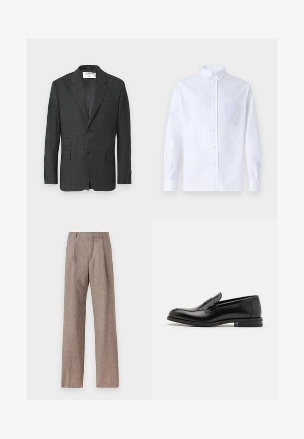 Gray plaid blazer made of textured fabric, featuring a notched collar, two buttons, and flap pockets on the front.; White long-sleeve button-up shirt made of cotton, featuring a chest pocket with tonal embroidery, a collar, and button cuffs.; Brown, high-waisted trousers made of textured fabric. Features wide legs and two front pleats for structure. Neat finish with no visible hardware.; Black leather loafers with a smooth texture, rounded toe, and a decorative strap across the vamp. Low stacked heel, minimalist design.