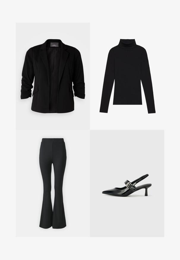 Svart blazermed en skreddersydd design, snippeklaffer og oppbrettede ermer. Laget av et glatt stoff med sidelommer.; Svart høyhalset langermet topp, laget av ribbestrikket stoff, har en tettsittende design med høy hals og uten mønstre eller dekorasjoner.; Svarte vide bukser laget av elastisk stoff. Har høy midje og en glatt, tettsittende design som vidder ut fra kneet og nedover.; Svarte patent lær slingback hæler med spiss tå og en liten blokkheel, med en sølvspenne som detalj på stroppen.