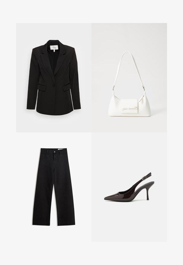 YAS YASBLURIS - Blazer - black; Brun ärmlös topp med fyrkantig halsringning, tillverkad av mjukt, elastiskt tyg. Har en figurnära design och plana sömmar.; Svarta vida denimbyxor med hög midja, med fram- och bakfickor, sydda sömmar och knappstängning. Slät textur.; Högklackad slingback-sko i blankt mörkbrunt lackläder, spetsig tå, öppna sidor och justerbart ankelsnöre.; Vit syntetisk handväska med triangulär form, platt framklaff och rosettdetalj, justerbar rem, slät textur och minimalistisk design.