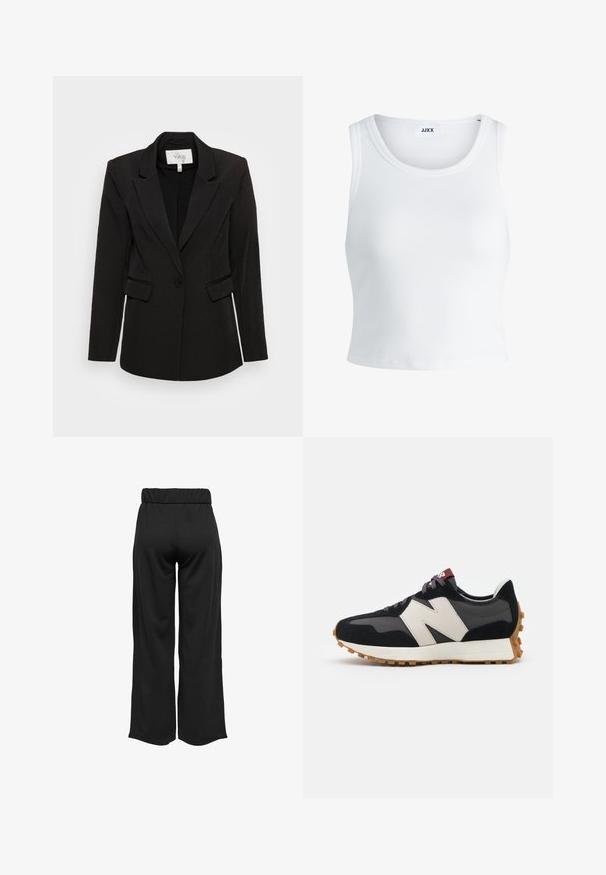 YAS YASBLURIS - Bleiseri - black; Valkoinen ribbattu hihaton toppi, jossa on pyöreä pääntie ja lyhyt malli. Tunnuslukuna lukee "JJXX". Sujuva kangas.; Mustat, leveälahkeiset housut, joissa on joustava vyötärö, valmistettu sileästä kankaasta. Ominaisuuksia ovat puhdas muotoilu ilman taskuja tai näkyviä ompelusaumoja.; Mustat ja harmaat mokkakenkä, jossa on suuri kermanvärinen "N"-logo, violetit nauhat ja teksturoitu kumipohja.