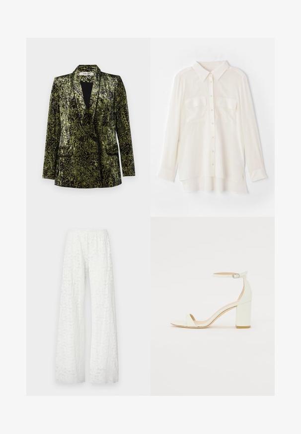 Diane von Furstenberg CHIANA JACKET - Suknjič - green; Bela srajca s kratkimi rokavi iz lahkega blaga. Ima klasičen ovratnik, dva žepa na prsih in nekoliko daljši zadnji rob.; Bela široka hlače z elastiko v pasu, ki imajo strukturiran, cvetlični čipkast vzorec po celotni tkanini.; Bela usnjena sandala z blok peto, ki ima zanko okoli gležnja s sponko in minimalističen dizajn. Odkrit prst in gladke teksture po vsej površini.