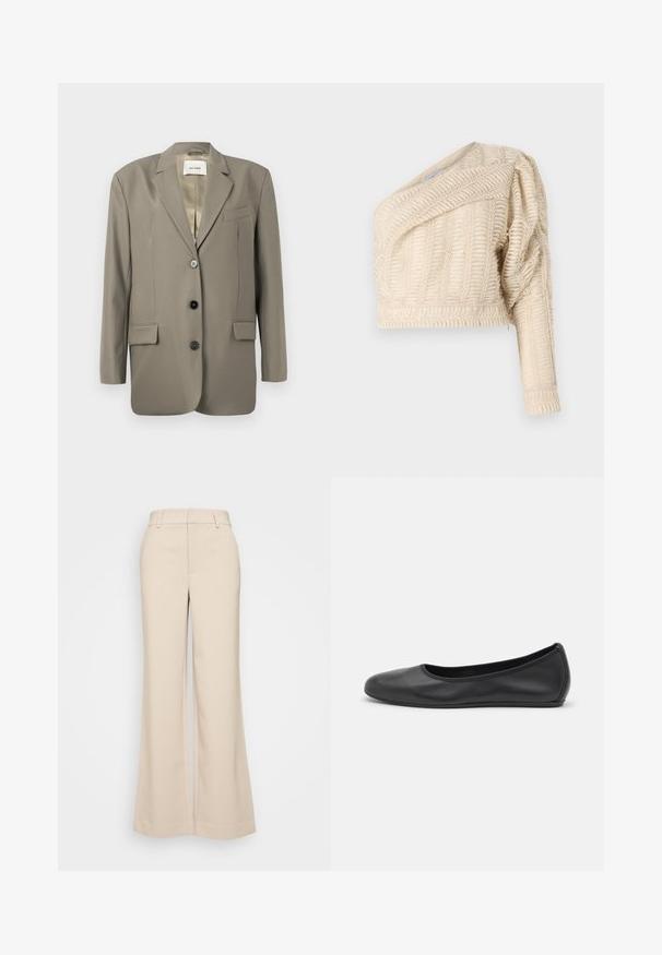 Przesadnie duży szary marynarka z klapami, dwoma przednimi kieszeniami, trzema czarnymi guzikami i satynową podszewką. Minimalistyczny design z wyraźnie zarysowanym kształtem.; Kremowa kurtka typu crop o teksturze, z ukośnym dekoltem, bufiastymi rękawami i tkanym wzorem liści, z ribbowanym dołem.; Beżowe spodnie szerokie z gładką strukturą, z wysokim stanem i dwoma przednimi kieszeniami. Czysty design o dopasowanym kroju.; Czarne skórzane baletki z zaokrąglonym noskiem, gładką fakturą, minimalnymi przeszyciami i elastycznym designem podeszwy.