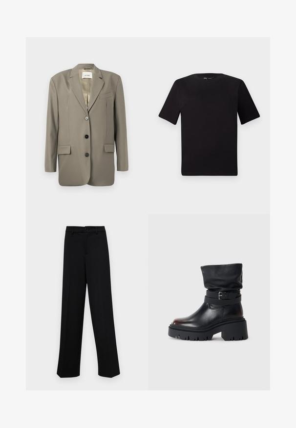 Oversized gray blazer with a notched lapel, two front pockets, three black buttons, and a satin lining. Minimalist design with a structured shape.; Black short-sleeve t-shirt with a round neckline, crafted from soft cotton fabric. Simple design, no visible logos or patterns.; Black wide-leg trousers made of smooth fabric, featuring a classic waistband with a button closure and front pleats.; Black leather ankle boot with a slouchy upper, buckle detail, and thick, rugged sole. Features a round toe and smooth texture.