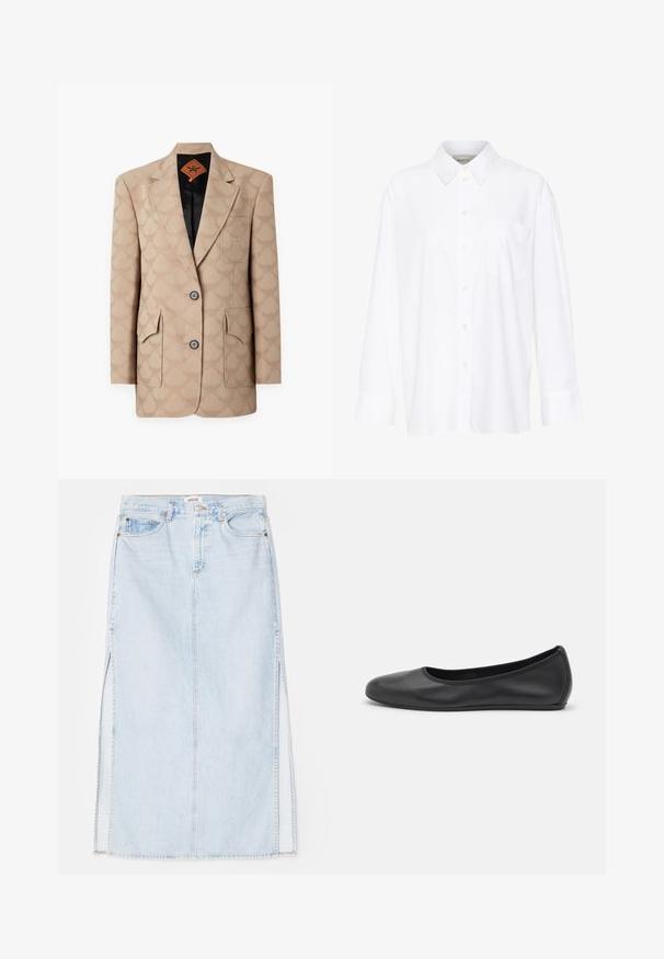 MCM Bleiseri - beige; Valkoinen pitkähihainen kauluspaita, joka on valmistettu puuvillasta. Paidassa on napitettava etuosuus ja yksi rintatasku. Pehmeä pinta, rento malli.; Vaaleansininen farkkumaxi-hame, jossa on suora leikkaus, sivuaukot ja viisitaskumallinen muotoilu. Korostetut saumat ja metallinappikiinnitys.; Musta nahkainen ballerina, jossa on pyöristetty kärki, sileä pinta, minimaalinen ommelkoristelu ja joustava pohjamuotoilu.