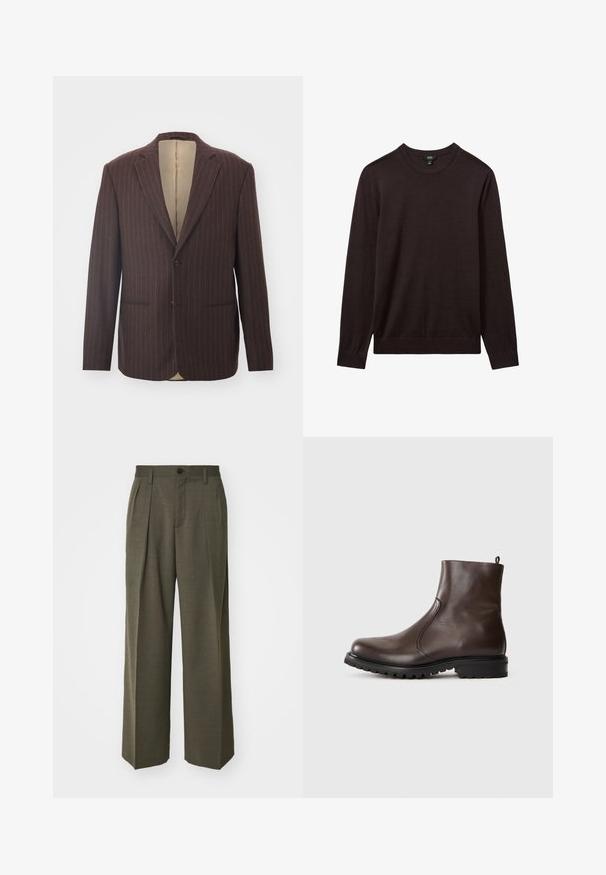 Brauner Nadelstreifen-Blazer mit Reverskragen, zwei vorderen Taschen, Ein-Knopf-Verschluss und einem Innenfutter aus beiger Satin.; Reiss Strickpullover - dark bordeaux; Filippa K WIDE TROUSERS - Stoffhose - driftwood; Braune Leder-Stiefeletten mit glatter Textur, elastischen seitlichen Einsätzen, einer Schlaufe hinten und einer robusten Gummisohle.