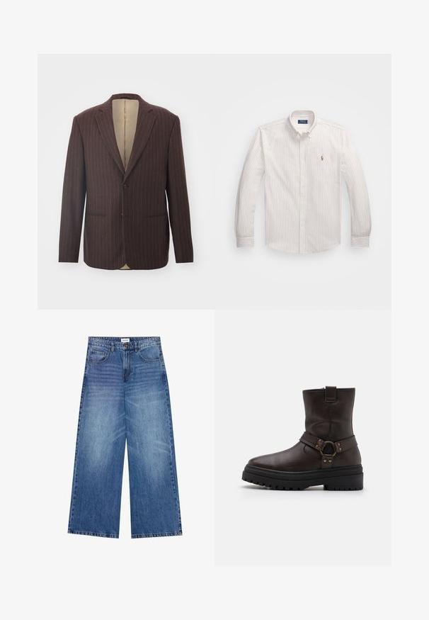 Brown pinstripe blazer featuring a notched lapel, two front pockets, single-button closure, and a tan satin interior lining.; White button-up shirt with thin vertical stripes in light beige. Features a classic collar, long sleeves, and small embroidered logo on the chest.; Wide-leg jeans in light blue denim, featuring a button closure, four pockets, and a slightly faded texture across the fabric.; Brown leather ankle boot with a square toe, buckle accents, and a thick black sole. Features a side zipper and textured surface.