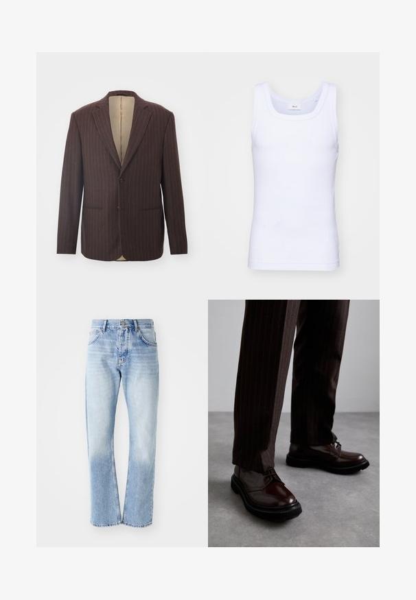 Hnedý blazer s jemným prúžkom, ktorý má klopový golier, dve predné vrecká, zapínanie na jeden gombík a svetložlté saténové vnútorné podšívky.; Biela bavlnená tielko bez rukávov s okrúhlym výstrihom, s hladkou textúrou a priliehavým strihom, navrhnuté pre neformálne nosenie.; Svetlomodré denimové džínsy s rovným strihom. Majú dizajn s piatimi vreckami, gombíkový rozpínací pás a vyblednutú textúru smerom k spodnej časti.; Hnedé kožené šnurovacie topánky s lesklým povrchom, čierna gumová podrážka a jemné švy. Nosené s hnedými prúžkovanými nohavicami.
