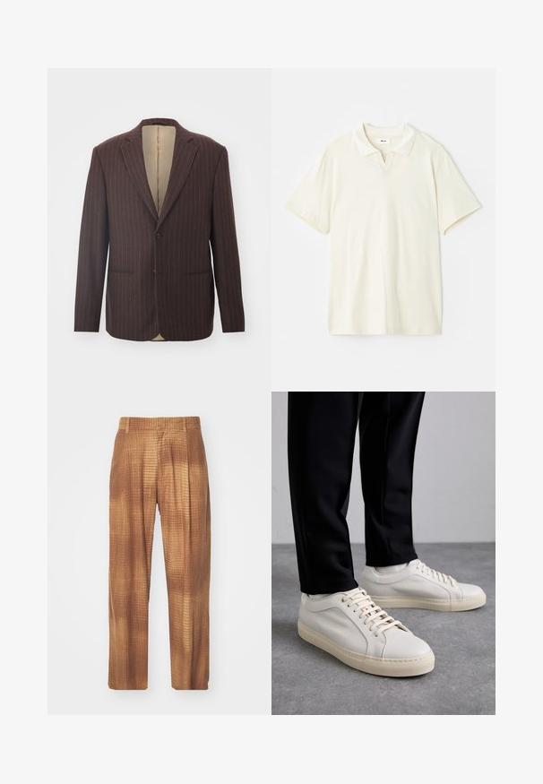 Brown pinstripe blazer featuring a notched lapel, two front pockets, single-button closure, and a tan satin interior lining.; Cream-colored polo shirt with a classic collar, short sleeves, and a slight v-split at the neckline. Smooth texture and minimal design.; Brown patterned trousers with a textured surface, featuring a loose fit and straight legs. The fabric has a subtle grid design.; Light beige leather sneakers with flat laces, a textured surface, and a contrasting cream-colored rubber sole, paired with black tapered pants.