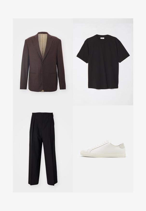Blazer marron à rayures fines avec un col cranté, deux poches avant, fermeture à un bouton et doublure intérieure en satin beige.; T-shirt en coton noir avec un col ras du cou, des manches courtes et une coupe décontractée. Design simple, texture lisse, sans motifs ni logos visibles.; Pantalons plissés noirs avec un design droit et large. Fabriqués en tissu lisse, avec une fermeture à bouton et des passants de ceinture.; Baskets en cuir blanc avec une surface lisse, bout rond et design minimaliste. Présentent des accents beiges sur le talon et une semelle en caoutchouc.