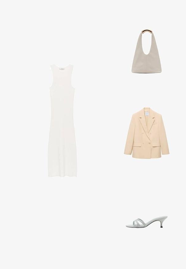 Blazer bej cu două rânduri de nasturi, cu revere tăiate, două buzunare frontale și un buzunar pe piept. Material neted cu formă structurată.; Rochie albă, fără mâneci, din tricot cu model în relief, cu o siluetă ajustată, care ajunge sub genunchi. Design simplu și minimalist, fără modele sau accesorii.; Sandale cu toc gri deschis, cu trei curele încrucișate, un profil subțire și un toc îngust. Textură netedă cu un finisaj ușor lucios.; Geantă din piele gri deschis cu un design în formă de U și un mâner metalic curbat. Textură netedă cu cusături minime și fără modele vizibile.
