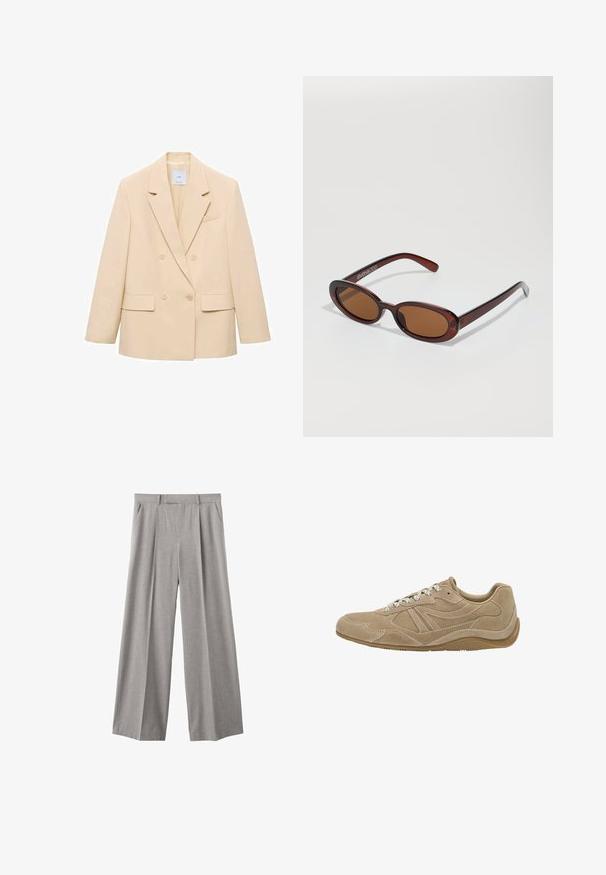 Blazer bej cu două rânduri de nasturi, cu revere tăiate, două buzunare frontale și un buzunar pe piept. Material neted cu formă structurată.; Cămașă lungă cu mânecă roze deschis, cu dungi verticale albe și o cravată asortată. Textură netedă, guler cu botton-down și mâneci mansetate.; Pantaloni largi gri deschis, realizati dintr-o tesatura tesuta. Au pliuri frontale, un tiv ajustat si buzunare laterale.; Adidași bej din suede cu profil scăzut, suprafață texturată și șireturi albe. Prezintă un design curbat și o talpă din cauciuc pentru aderență.; Ochelari de soare rotunzi, cu nuanțe de brown și cu un cadru lucios de burgund. Brațe subțiri cu detalii subtile de branding. Design cu lentile plate.; Geantă din piele împletită maro, cu două mânere, formă structurată și suprafață texturată, având un model în diamant pe toată suprafața.