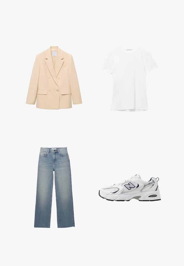 Béžový dvouřadý blazér s klopami, dvěma předními kapsami a jednou náprsní kapsou. Hladká tkanina se strukturovaným tvarem.; Bílý krátký rukáv tričko vyrobené z hladkého materiálu, s kulatým výstřihem a jemnými švy na lemu.; Světle modré široké džíny vyrobené z denimu, s vysokým pasem, předními kapsami a knoflíkovým zapínáním. Hladká textura se zeslabenými oblastmi.; Bílé sportovní boty s textilním svrškem, námořnickými akcenty a polstrovanou podrážkou. Obsahují logo "N", tkaničky a texturovaný detail na boku.