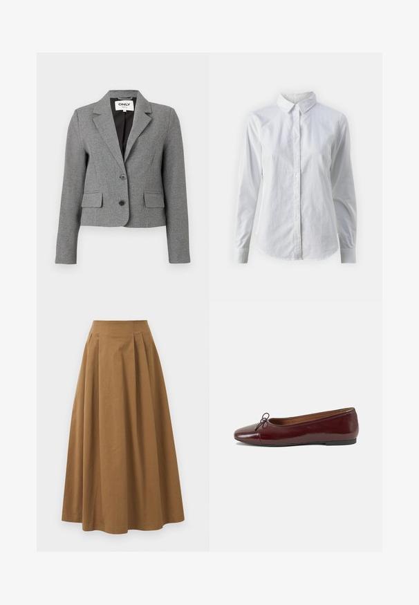 Grau taillierter Blazer mit einem karierten Muster, einreihiger Gestaltung, zwei Vordertaschen und mit Reverskragen. Enthält zwei schwarze Knöpfe.; Weißes Hemd mit Knöpfen, aus glattem Baumwollstoff, mit klassischem Kragen, langen Ärmeln und abgerundetem Saum. Die Knöpfe sind klein und weiß.; Brauner Baumwoll-A-Linien-Rock mit hoher Taille, der vorne Falten aufweist und eine glatte Textur hat. Der Saum ist sauber und einfach verarbeitet.; Burgunderfarbenes, lackiertes Ballettschuh mit abgerundetem Zehenbereich, kleiner Schleifenakzent vorne und einer niedrigen, schwarzen Gummisohle. Glatte Textur.