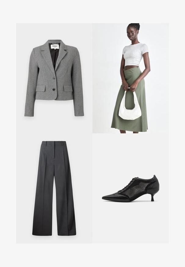 Pilkas prigludęs švarkas su languota tekstūra, vieno mygtuko dizainas, dvi priekinės kišenės ir išpjautas apykaklė. Įtraukti du juodi mygtukai.; Tamsiai mėlynas džinsinis be rankovių viršus su plačiomis petnešomis, priekyje su sagomis, prigludusia juosmens dalimi ir nedideliu peplum apvadu, pažymėtas GAP.; Tamsiai pilkos plačios kojos kelnės, turinčios aukštą liemenį, vieną raukšlę ir sklandžią tekstūrą su tvarkingais kraštais.; Juodi bateliai su smailiu pirštu ir tinklinėmis detalėmis, turintys žemą kulną ir raištelių uždengimą. Pagaminti iš odos ir tinklinės medžiagos derinio.; Pilka juostuota trumpa palaidinė ir alyvuogių žalios spalvos aukšto liemens sijonas. Modelis laiko baltą petį krepšį su išpjovomis. Paprastas dizainas, prigludusi siluetas.